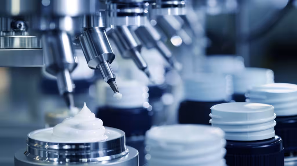 Close-up of an automatic cosmetic tube filling machine, precision nozzles dispensing cream, industrial setting