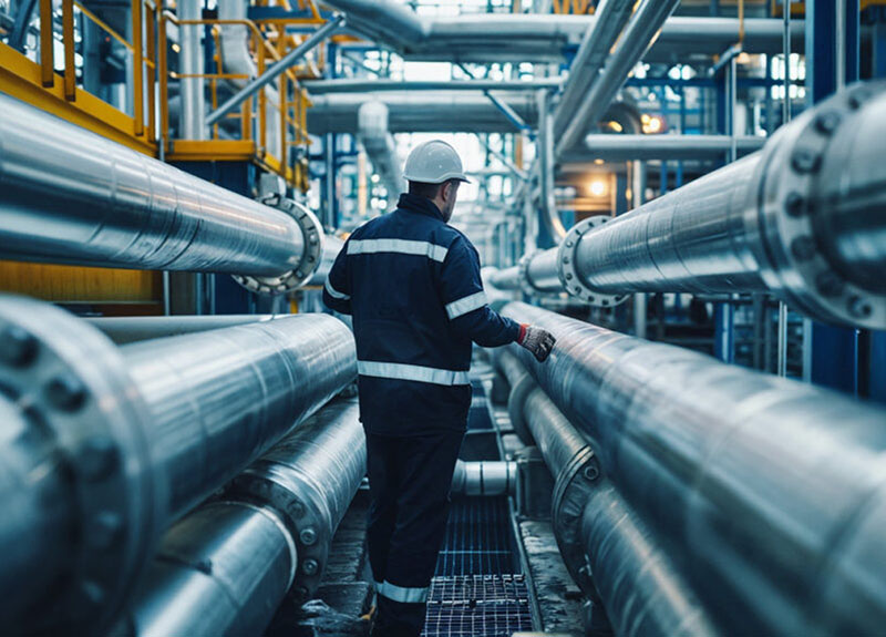 En arbetare i skyddsutrustning som undersöker stora rörledningar på en industrianläggning